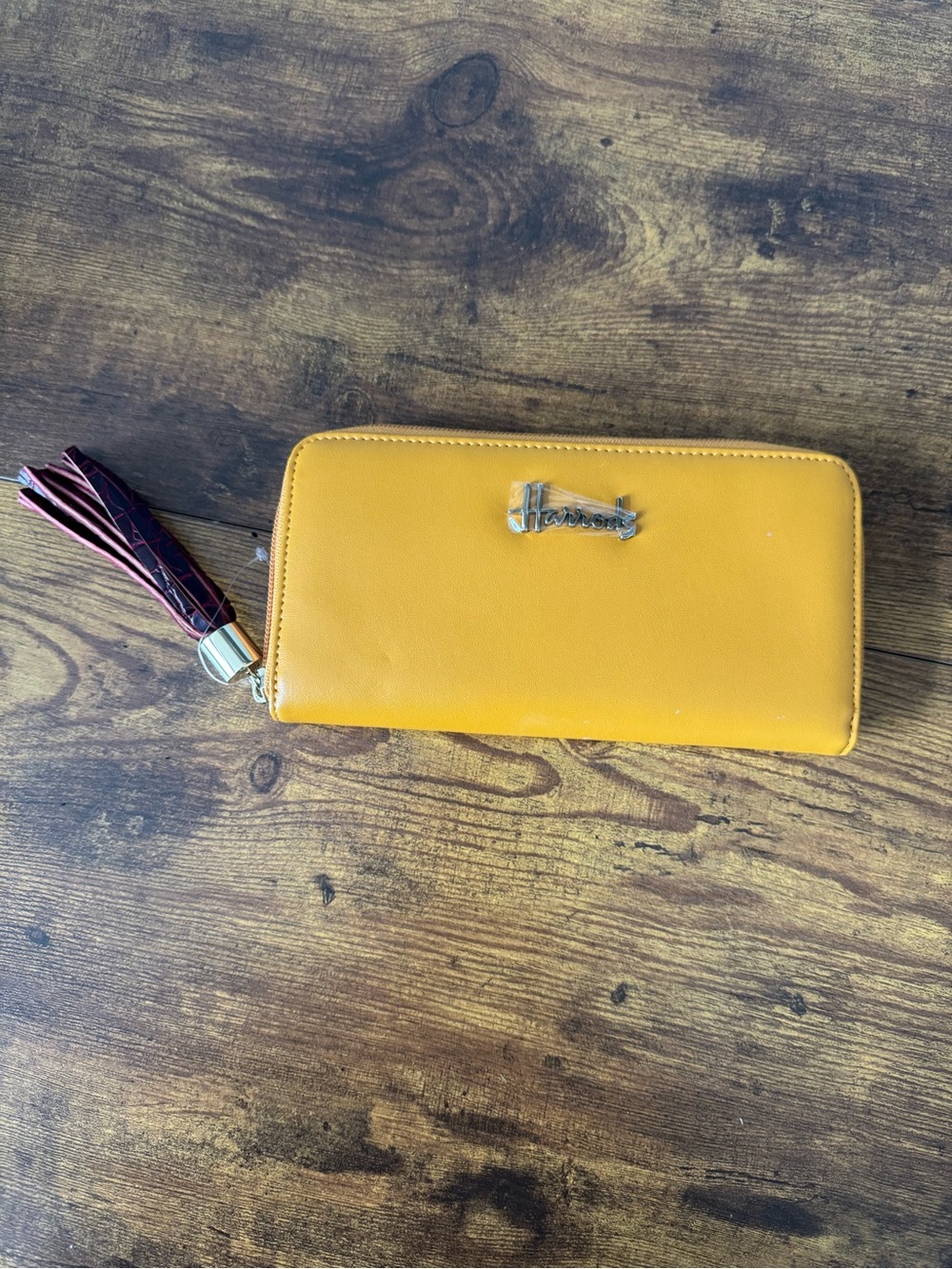Harrods‎ Mustard Yellow Zip Around Long Wallet Burgundy Tassel Accent London UK